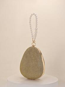 Luxury Gold Pleated Egg-Shaped Clutch - Elegant Pearl Handle Hard Case Evening Bag, Suitable For Wedding Bride - Apricot - View 5
