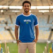 Men's Retro Brazil T-Shirt With Embroidered Design, Combed Cotton. - 藍色 - 查看 11