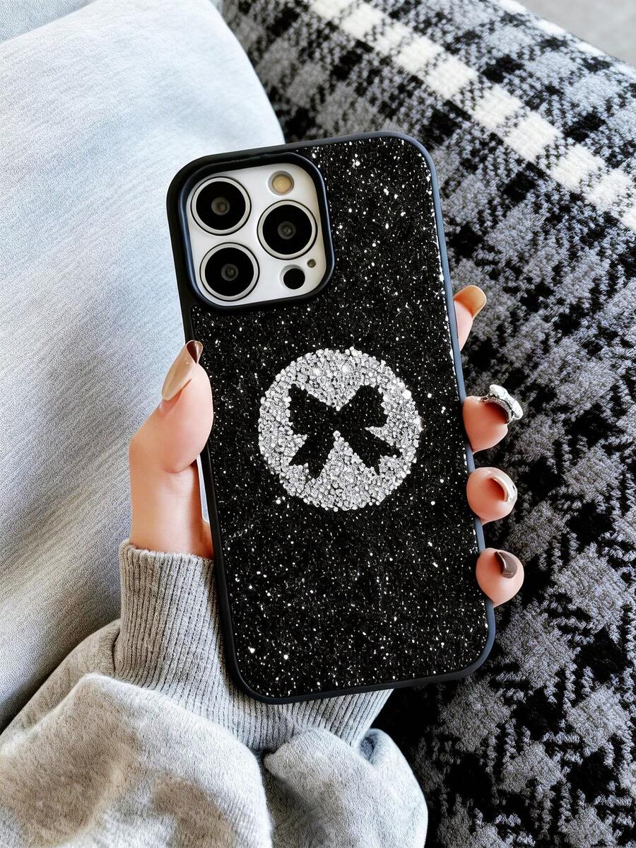 1pc Solid Color Luxury Fully Rhinestone Embedded Shiny Bling Phone Case, Compatible With Apple 17 Pro Max, 16, 15 Pro, 14, 13, 12, 11 Series - Black - View 1