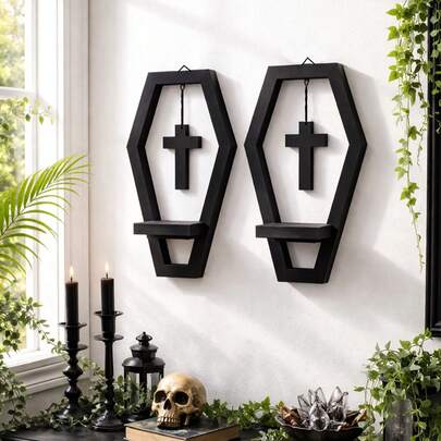 1 pieza Estantería de pared en forma de ataúd gótico negro, soporte colgante con marco geométrico de estilo vintage minimalista para exhibir y almacenar cristales, velas, plantas, libros u otros objetos decorativos en la sala de estar, dormitorio, oficina, cafetería o para decoración de fiesta de Halloween en el hogar