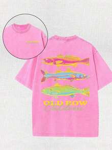 Men's Casual Summer Washed Cotton T-Shirt Old Row Outdoor Fish Print, Round Neck Short Sleeve Lightweight Knitted Fabric, Rib Details 100% Cotton - 玫瑰粉 - 查看 16