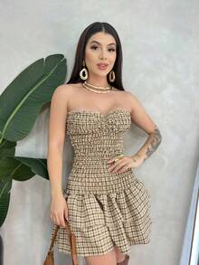 Women's Short Plaid Strapless Dress With Ruffles - Sexy And Elegant - Autumn/Winter Fashion - Caqui - Ver 1