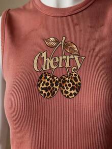 Conjunto para mujer deportivo casual con estampado de cereza animal print y letras, tela canalé elástica, corte semi entallado, primavera-verano, para gym/yoga, set de top sin mangas y short - Rosa - Ver 4