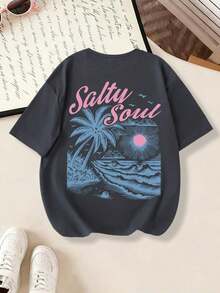 Girls' Soft Palm Print Short Sleeve T-Shirt, Summer Beach Outfit-Skin-Friendly - Màu xanh lam - Xem 9