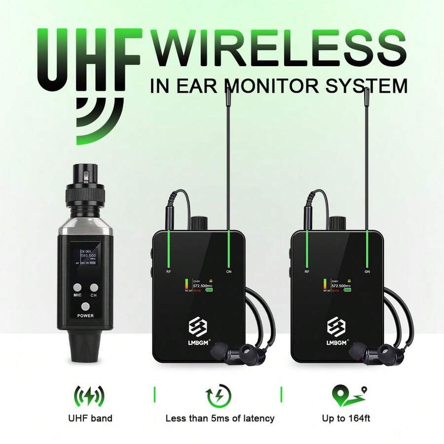 Sistema de monitoreo inalámbrico profesional LMBGM con transmisor y receptor de clip, carga USB, pantalla UHF HD, 16 frecuencias seleccionables, apto para conciertos, estudios de grabación, actuaciones en vivo, eventos al aire libre, disponible en opciones de 1 o 2 receptores - View 1