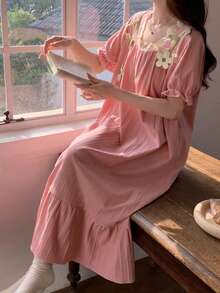 Women's Sleepwear Dress, Solid Color Square Neck Nightgown, Contrast Color Cute Cartoon Casual Sleepwear Dress, Suitable For Spring And Summer - Pink - View 9