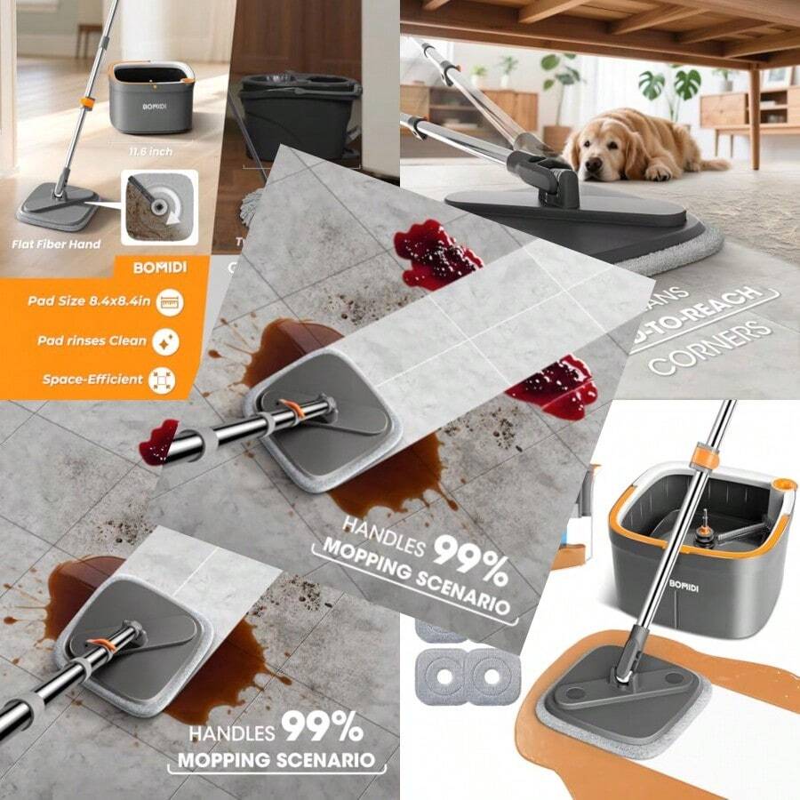 Mop And Bucket Set Spin Mop With Separate Dirty Water System Deep-Cleaning Mops For Floors Versatile Mops For Walls - 灰色的 - 查看 1