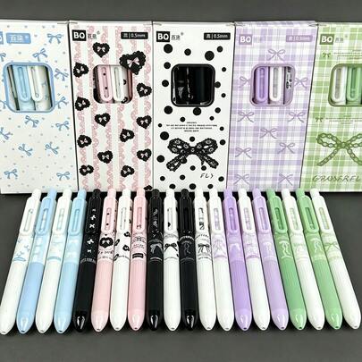 4 piezas Bolígrafos retráctiles con moño lindo, tinta negra de alta calidad y secado rápido de 0.5 mm, estilo INS adecuado para cuadernos, exámenes, útiles de oficina, regalos para estudiantes
