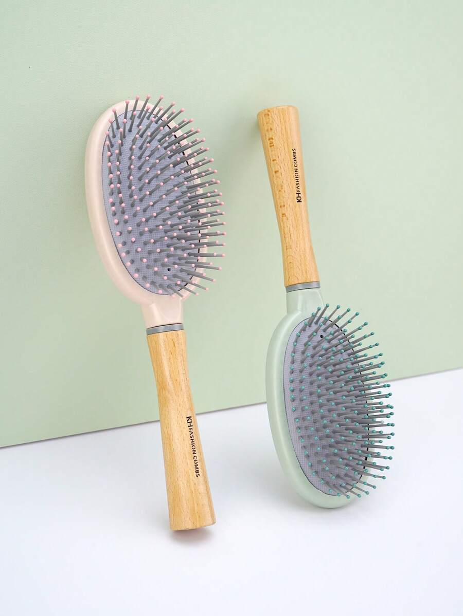 1pc Wooden Handle Air Cushion Massage Comb, Anti-Static Hair Brush, Suitable For Curly, Straight, Wavy Hair, Moisturizing Hair Care Brush, Curling Comb, Straightening Comb, Women Hair Brush, Hairstyling, Travel, Hair Care Products, Hairstyling Tools, Hair Accessories, Hairstylist, Hair Salon, Hairstyling Equipment - Multicolor - View 1