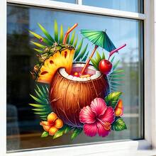 CHAILLY Hình dán cửa sổ cocktail dừa nhiệt đới, hình dán cửa sổ hoa dâm bụt và dứa mùa hè cho cửa sổ nhà bếp, quán cà phê, hình dán kính chống thấm nước có thể tháo rời chủ đề tiệc Hawaii. - Nhãn dán cửa sổ - Xem 2