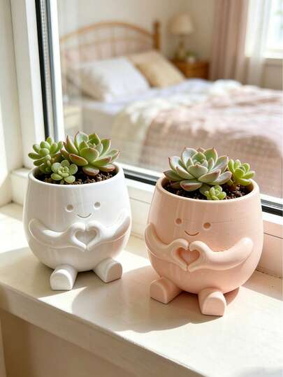 2Pcs Heart-Shaped Planter Pot Suitable For, Cacti & Herbs - Lightweight Plastic Round Plant Pot With Contemporary Heart, Indoor/Outdoor Desktop Flower Pot For Home, Office, Balcony Decor - Suitable For Indoor And Outdoor Use Gardening Gift,Home Decor