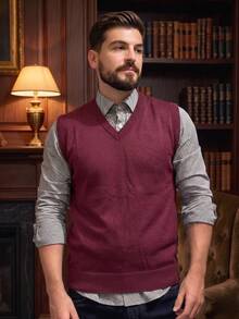 Men's Knit Pullover Vest With V-Neck, Classic Premium Comfortable - Gỗ đỏ - Xem 2