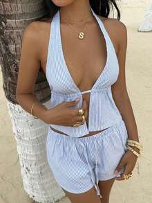 SunnyBelle Top sin espalda con escote profundo en V de cuello halter a rayas azul y blanco de lino, y shorts casuales sueltos con cordón a la cintura, conjunto veraniego sexy, lindo, elegante y romántico para mujer - Azul - Ver 4