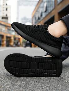Men's Breathable Lightweight Running Sports Shoes, Solid Color Soft Sole Casual Shoes For Fitness, Travel, All Seasons - Black - View 5