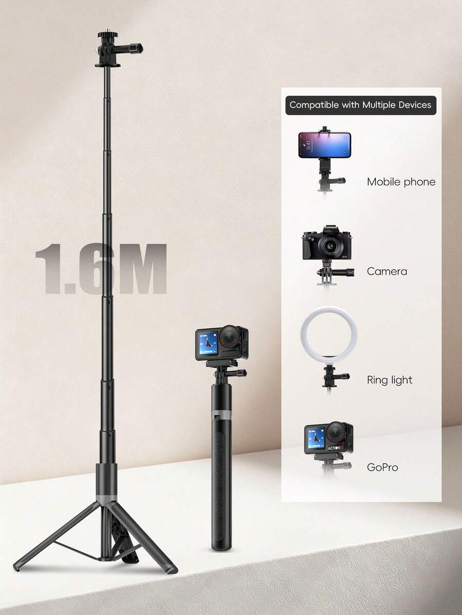 63-Inch Extendable Selfie Stick Tripod, 160cm Aluminum Alloy Portable Phone Holder With 1/4" Screw, 360° Rotation Stable Tripod Suitable Compatible With Iphone Camera, Ideal For Travel Video Live Streaming Recording - one-size - View 1
