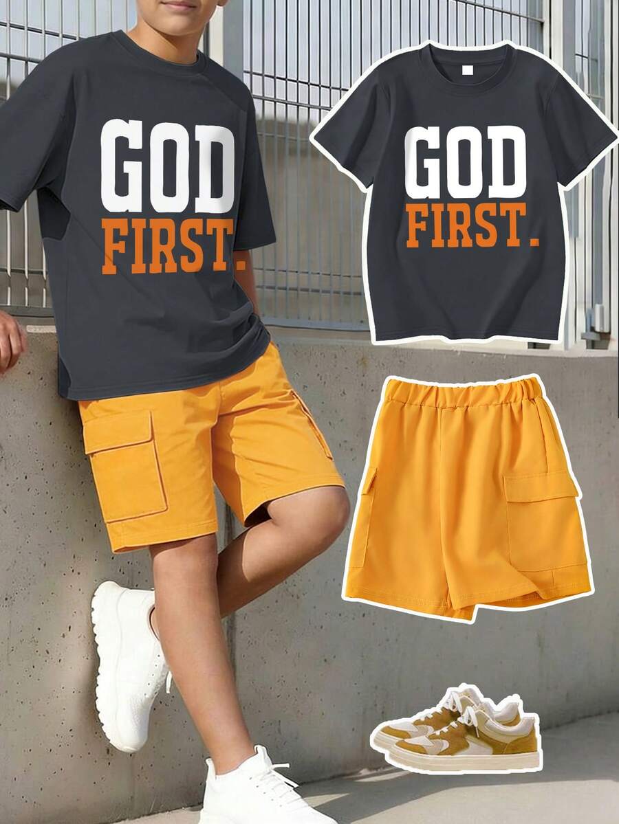 2pcs/Set Slogan Graphic Tee And Khaki Shorts Set For Teenage Boys, Soft & Comfortable Fabric, Suitable For Back To School And Daily Wear In Summer - Dark Grey - View 1