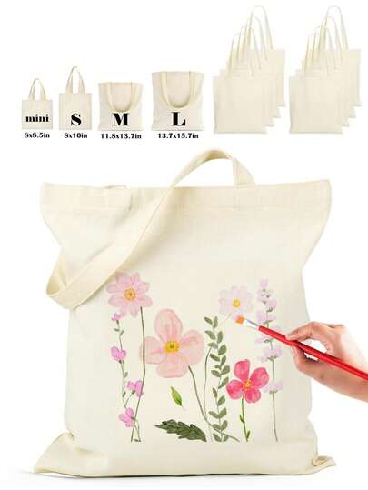 1/5/10/20pcs Set, Multi-Size Beige Canvas Painting Tote Bag, Handbag, Storage Bag, Shopping Bag