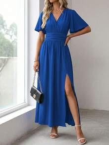 Summer New Arrival Maxi Dress For Women Flowy V Neck Ruffle Sleeve Long Dress With High Slit – As Wedding Dresses Guest - Xanh đậm - Xem 4
