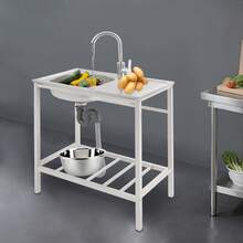 SENDERPICK Kitchen Single Bowl Sink Free Standing Sink Sink With Operation Countertop And Bottom Shelf - Silver - View 1
