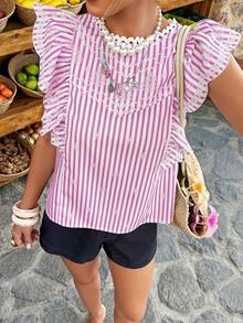 Blusa de Primavera/Verano con Rayas Rosadas, Bordado y Volantes, Estilo de Vacaciones Francés para Citas y Uso Diario - Rosa - Ver 3
