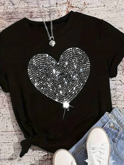 Men's/Women's Graphic Tee,Camiseta Negra con Diseño de Corazón Plateado - SoftT-Shirt, Adornada con Lentejuelas o Piedras Preciosas, Detalle de Estrella - Ideal para Combinar con Jeans Azul Claro y Zapatillas Blancas, Estilo Casual y Elegante Q6EU