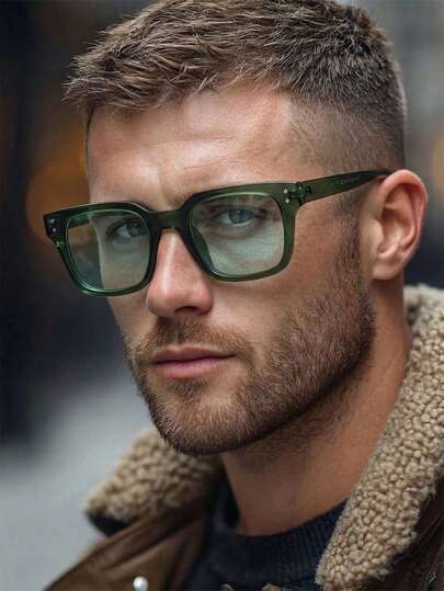 1 Pair Men's Green Square PC Frame Minimalist Solid Color Rivet Casual Retro Fashion Glasses