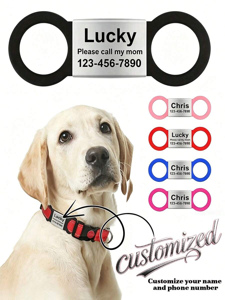 Personalized Pet ID Tag: Customized Engraved Stainless Steel Tag With Elastic Silicone Strap, Pet ID Tag Customizable With Pet Name And Phone Number, Suitable For Most Collars