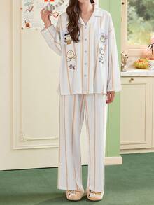 Gongdie Bộ đồ ngủ cotton 2 món in hình hoạt hình Snoopy, thoáng khí, thích hợp cho nữ mùa hè. - trắng - Xem 8