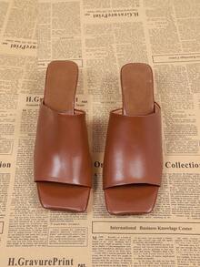 Sandal Hak Tinggi Tanpa Tali dengan Ujung Persegi Warna Cokelat untuk Wanita, Sandal Selop Kasual Tanpa Bagian Belakang - Coklat - View 6