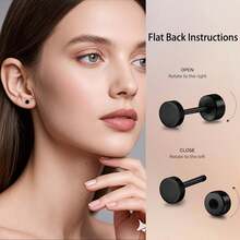 Hypoallergenic Titanium Screw Back Flat Back Dot Stud Earrings 3mm-5mm Simple Classic Helix Tragus Cartilage Earlobe Stud Earrings For Women Men - 黑色 - 查看 4