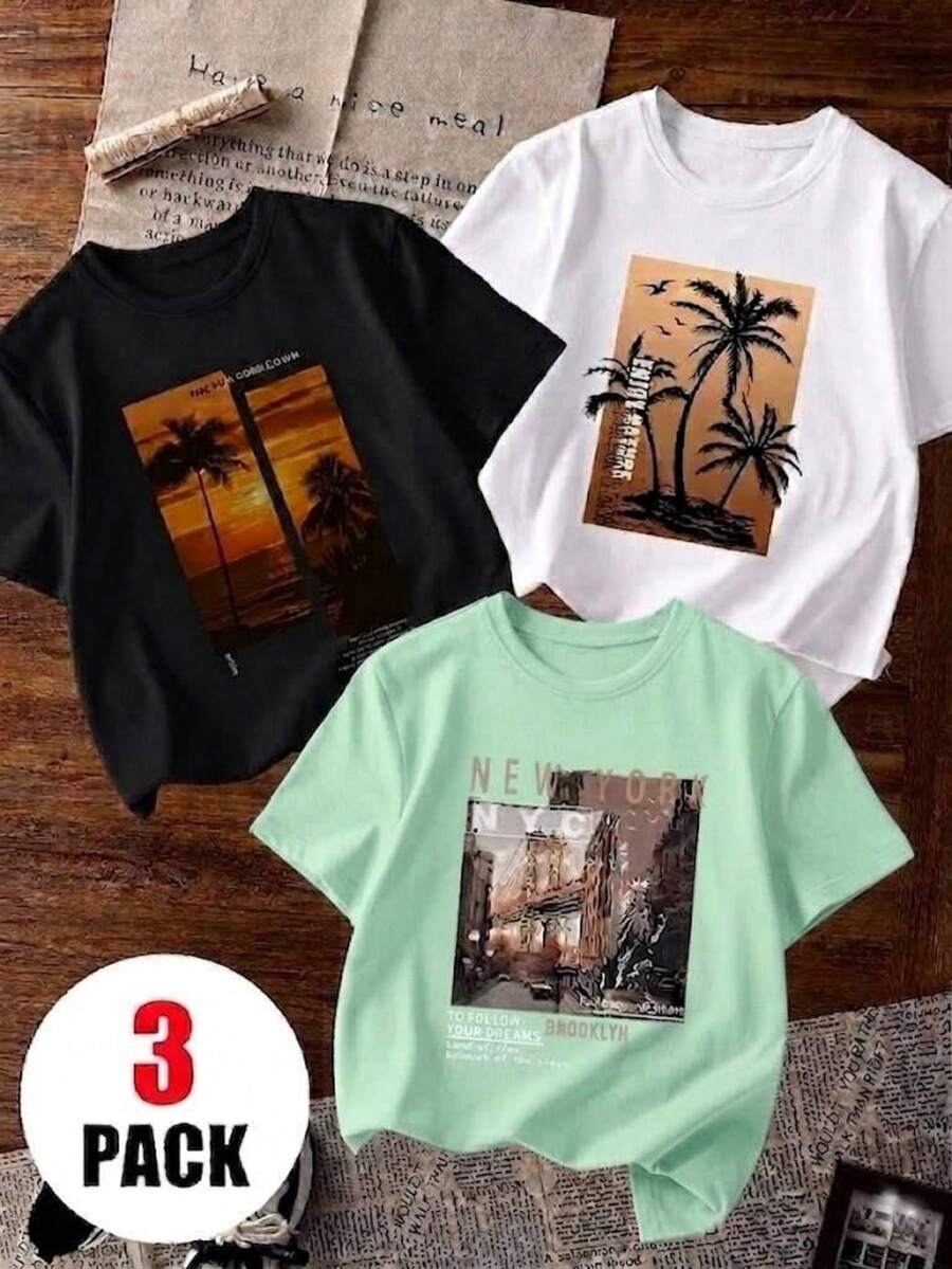 Bộ 3 áo thun ngắn tay cổ tròn in họa tiết dành cho bé trai, trang phục mùa hè cho học sinh - Áo thun in hình cây cọ hoàng hôn mang đến niềm vui và hạnh phúc cho mọi trẻ em!