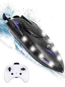1pc Remote Control Boat With LED Lights, 2.4GHz RC Racing Boat Suitable For 8-12 Years Old, 10km/H High Speed Remote Control Speedboat, Waterproof Design For Pool & Lake, Rechargeable Battery, Summer Water Toy Gift For 3-12 Years Old Boys & Girls, Suitable For Christmas, Halloween, Easter, New Year, Birthday (Blue/Black/Purple) - Multicolor - View 11