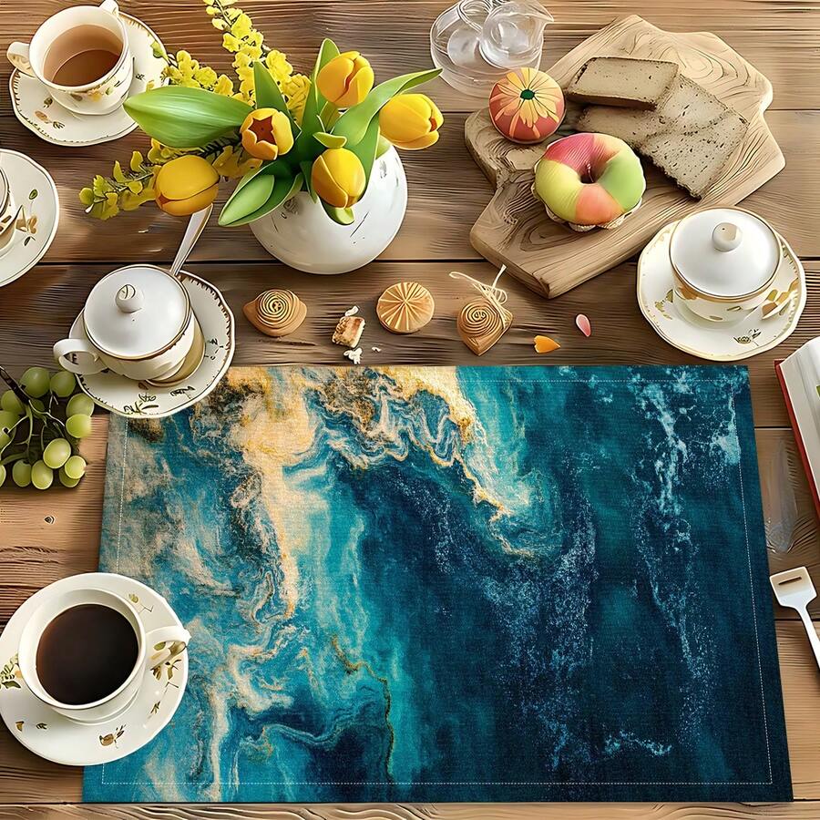 1pc/4pcs/6pcs/8pcs Abstract Seawater Pattern Linen Placemats, Suitable For Dining Table, All Season Decor, Modern Washable Table Mats, Room Decor, Coasters, Kitchen Dining Mats, Indoor Outdoor Party Decoration, Home Decor, Ideal Gift - Multicolor - View 1
