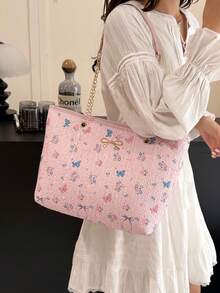 2025 New Casual Large Capacity Diamond Pattern Solid Color Bow Tote Bag, Minimalist Fashion Handbag - Pink - View 4
