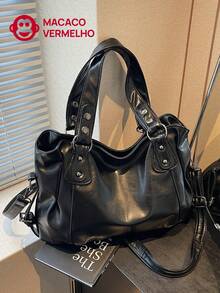 1 Piece Vintage Large Capacity Tote Bag, Vintage PU Crossbody Bag, Women's Casual Handbag And Wallet Set, School Tote Bags, University Essentials, Women's Street And Japanese Handbag, New Fashionista Large Handbag Designs For Women - 黑色 - 查看 1