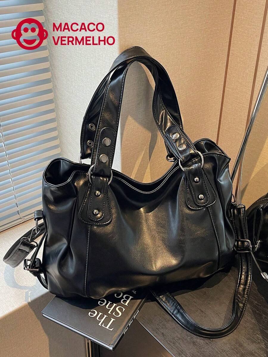 1 Piece Vintage Large Capacity Tote Bag, Vintage PU Crossbody Bag, Women's Casual Handbag And Wallet Set, School Tote Bags, University Essentials, Women's Street And Japanese Handbag, New Fashionista Large Handbag Designs For Women - 黑色 - 查看 1