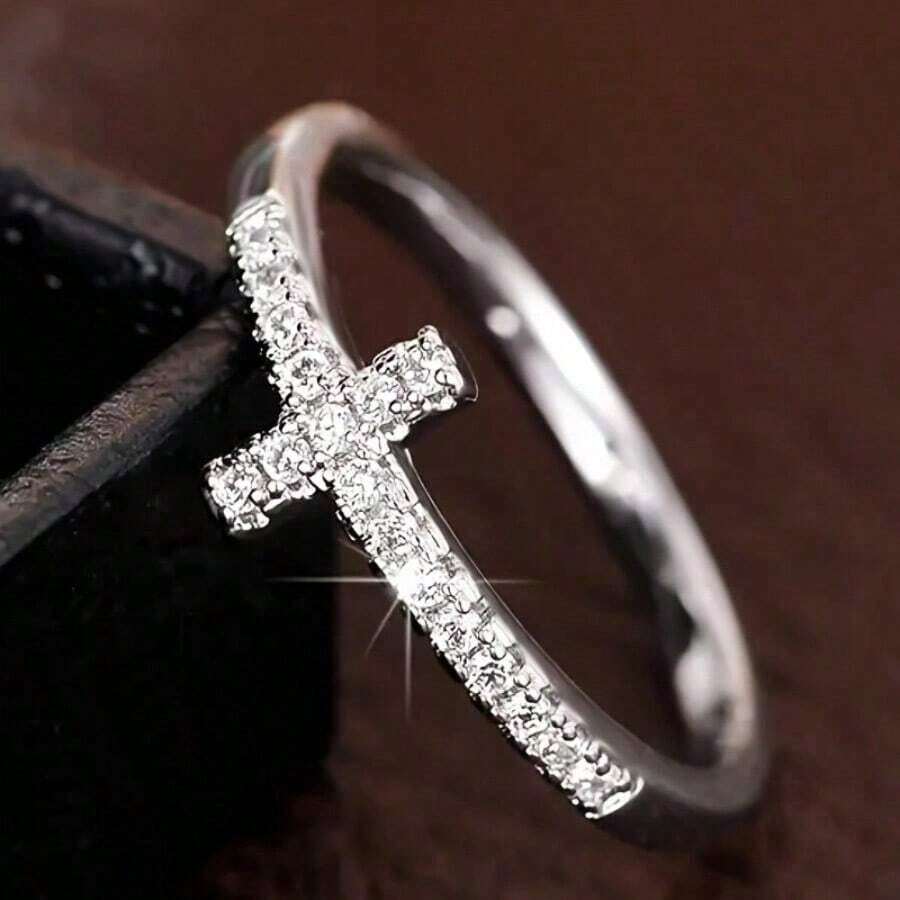 1pc Elegant Commitment Ring, Fashionable Silver/Gold Cross Design Inlaid Shiny Cubic Zirconia Engagement/Wedding Ring, Luxury Bride Jewelry - 金子 - 查看 1