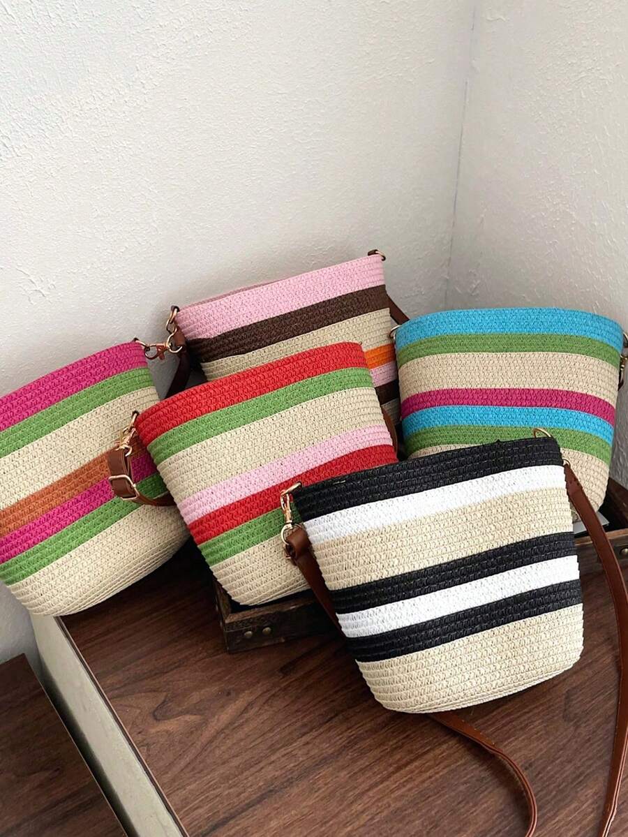 1 pezzo Borsa da spiaggia a quadri colorati, borsa a tracolla in paglia casual e pratica per donne, elegante borsa a tracolla, borsa da spiaggia per vacanze estive, può contenere portafoglio, borsetta, cosmetici, accessorio da viaggio essenziale, ottimo regalo per vacanze estive per la fidanzata o la mamma