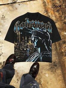 "Godspeed" Title - Oversized Distressed Print T-Shirt With Statue Of Liberty Pattern In The Night, Men's Short Sleeve, 100% Cotton, Loose Fit, Y2K Street Retro Casual Urban Aesthetics, 100% Cotton Pullover. Gift. - 黑色 - 查看 3