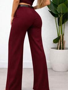 Elegant Women's Wide-Leg Trousers With Belt In Tailored Style - Merah tua - View 2