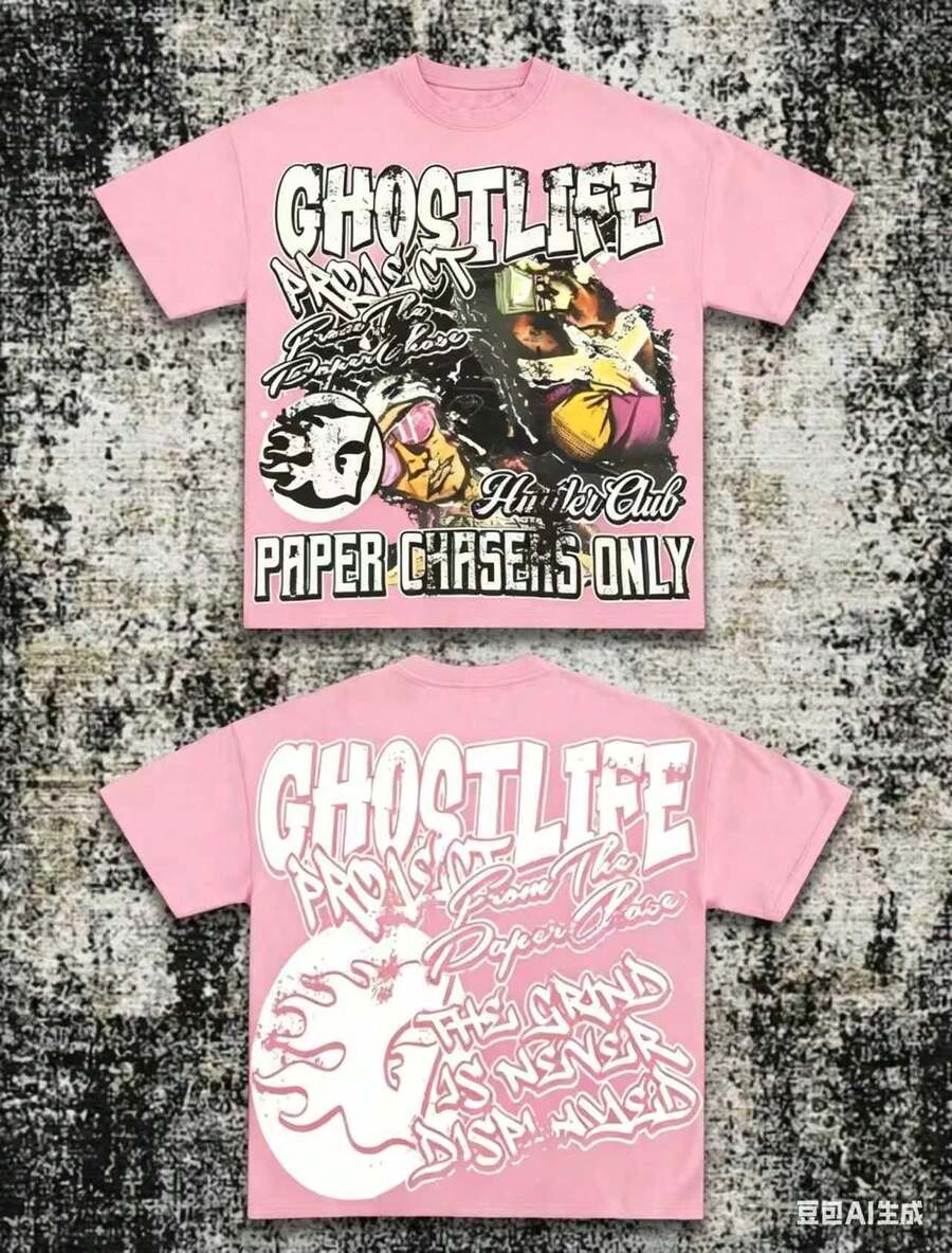 Men's Y2K Tee -American Street & "GHOSTLIFE" Hip-Hop Figureg Raphic T Shirt, Loose Retro Fit,Suitable For Young Men And Women To Wear For Casual,2026 Mens Clothes,Men Shirts,Camisas Para Hombre,Graphic Tees Men,Mens Clothes - Hồng - Xem 1
