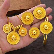 4pcs/Set /Saudi Arabian Women Jewelry Set, Includes Necklace, Earrings, Ring, Bracelet, Geometric Circle Design, African Bride Wedding Gift, Golden Color - A - View 3
