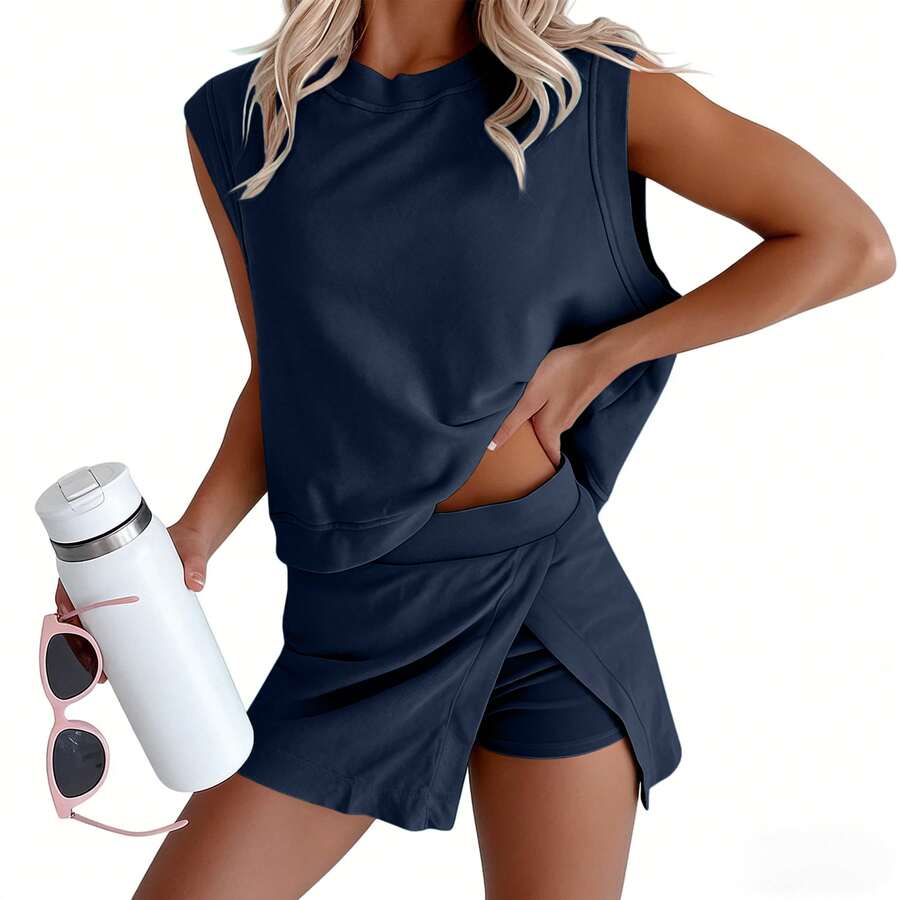 2 Piece Activewear Set For Women Summer 2026 Cotton Short Sleeve Top And Workout Shorts Casual Sportswear Outfit Matching Set - 藏青色 - 查看 1