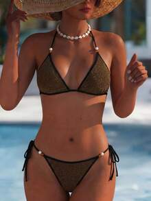 Sexy Shiny Copper Bikini Set For Women, With Beaded Spaghetti Straps And Tie-Side Bottoms, Medium Stretch Vacation Beach Summer - Gold - View 6