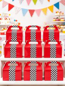 6pcs Racing Theme Party Gift Boxes, Red Black White Checkered Pattern With Handle, Racing Theme Birthday Party Decor, Sports Party Supplies, Candy Box, Gift Packaging Bags, Baby Shower Decor, Racing Theme Boy Birthday Party Supplies - Red - View 3