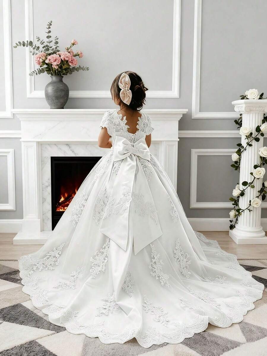 1pc Girl's Lace Appliques Flower Girl Dress With Sleeves Bow-Knot Princess Pageant Dresses Ball Gown, Halloween Gift, Perfect Holiday Gift, Flower Girl Dress For Wedding Tulle First Communion Dress Girls Princess Pageant Dresses Lace Appliques Ball Gown Prom Party Dress Kids Formal Bridesmaid Wedding Party Dresses Flower Girl Dresse - trắng - Xem 1