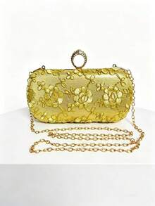Luxury Design Women's Evening Clutch, Glamorous Vintage Box-Shaped Mini Handbag, Fashionable, Charming, Exquisite And Elegant, Suitable For Evening Occasions, Weddings, Themed Formal Parties, Balls, Celebrations, Birthday Gatherings. Detachable Chain Included, Perfectly Matched With Party Accessories, An Ideal Choice For Party Clutch. - Gold - View 2