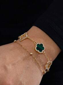 1pc Business Design Classic Rhinestone Hollow Four-Leaf Clover Fashion Lucky White & Green Five-Leaf Clover Double-Layer Bracelet For Men (Handmade, Bead Quantity May Vary, Fixed Length Does Not Affect Wearing Effect) - Green - View 2