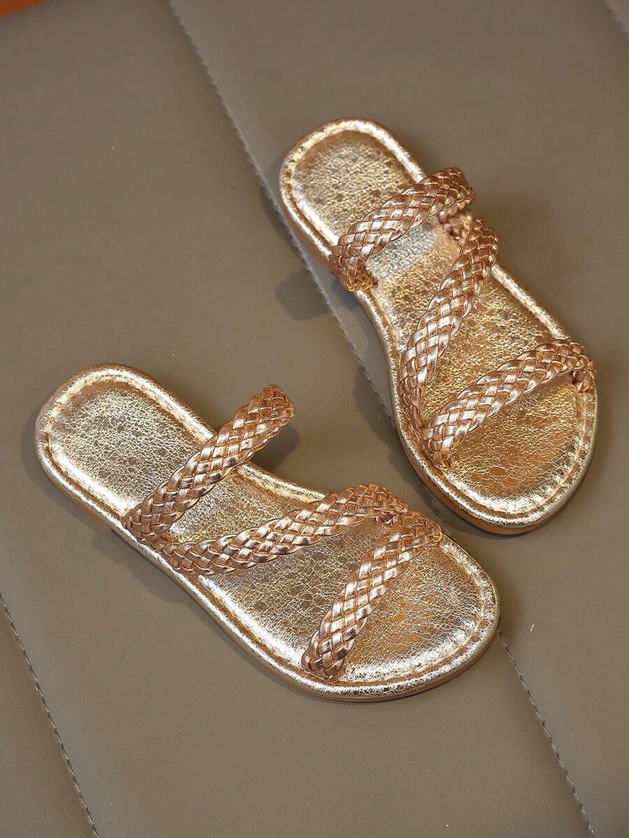 1 Pair 2026 Girl's Rose Gold Braided Triple Strap Square Toe Flat Slide Sandals Summer Daily Beach - Rose Gold - View 1