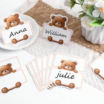 25/50pcs Cute Bear Table Cards, 3D Foldable Gender Reveal & Baby Shower Tabletop Decor, Teddy Bear Name Tag Stickers For Birthday Party Table Setting Supplies